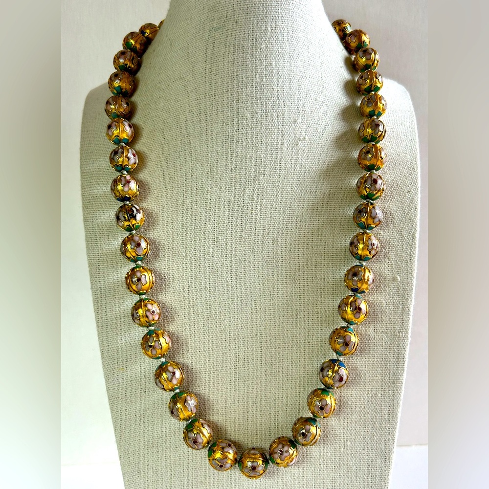 Antique Cloisonn Chinese Import Necklace Enameled Gold Beads Lotus Flowers